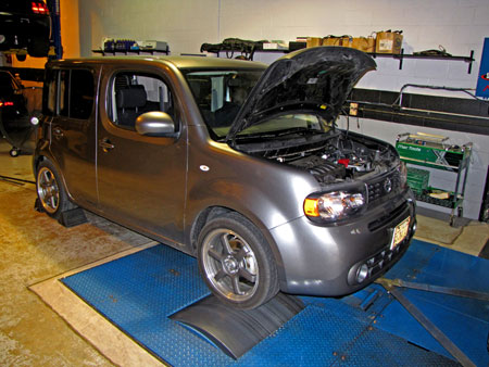 Nissan Cube with STILLEN Intake and Exhaust strapped to the Dyno at D'Sousa Performance