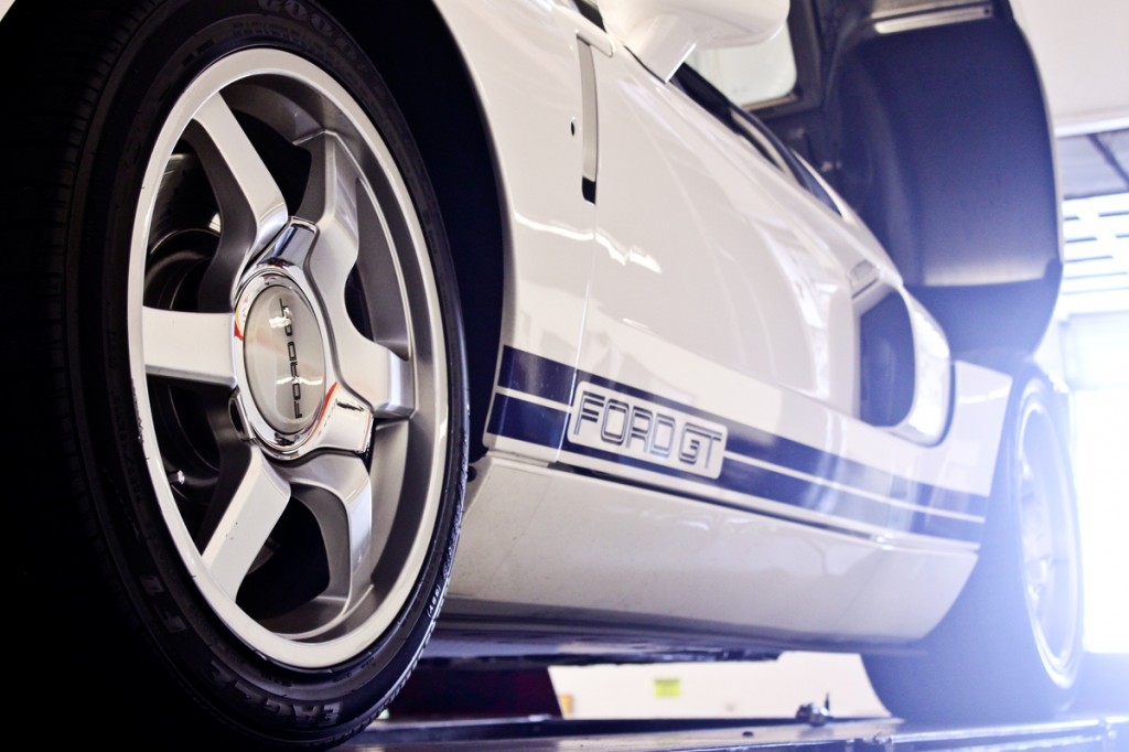 white ford gt on rack close up