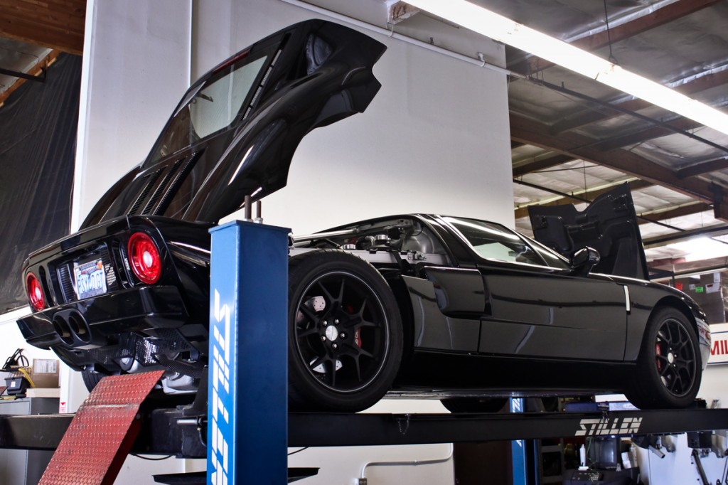 black ford gt on rack at stillen