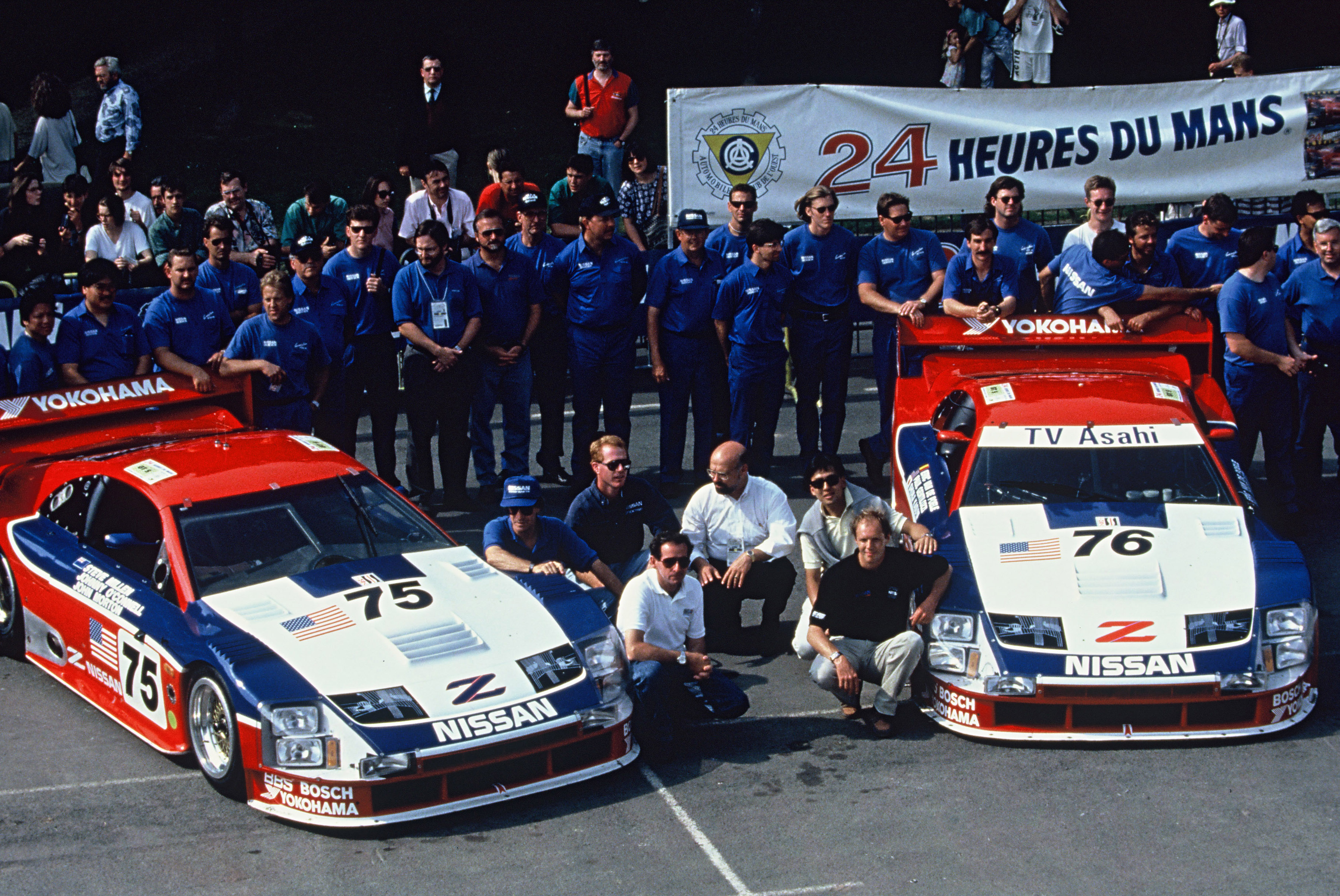 Steve Millen & team with the No. 75 Nissan 300ZX & No. 76 Nissan 300ZX After Winning the 1994 24 Hours of Le Mans
