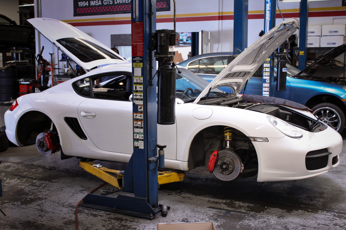 Porsche Cayman at the STILLEN Performance Shop Getting KW Coilovers Installed