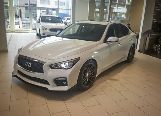 Infiniti Q50 with STILLEN Splitter, Roof Wing, diffuser, and Cat-Back Exhaust with RS-R Lowering Springs - Available at Infiniti of Quebec