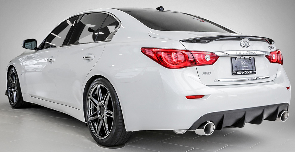White Q50S with RS-R Lowering Springs, STILLEN Exhaust, STILLEN Body Components and Niche Wheels Available at 401 Dixie Infiniti